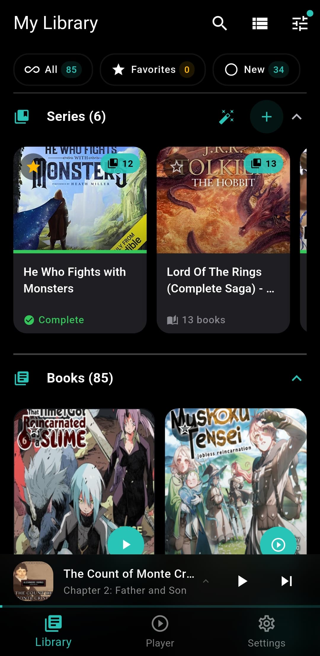 NeuPlayer library screen showing audiobook collection